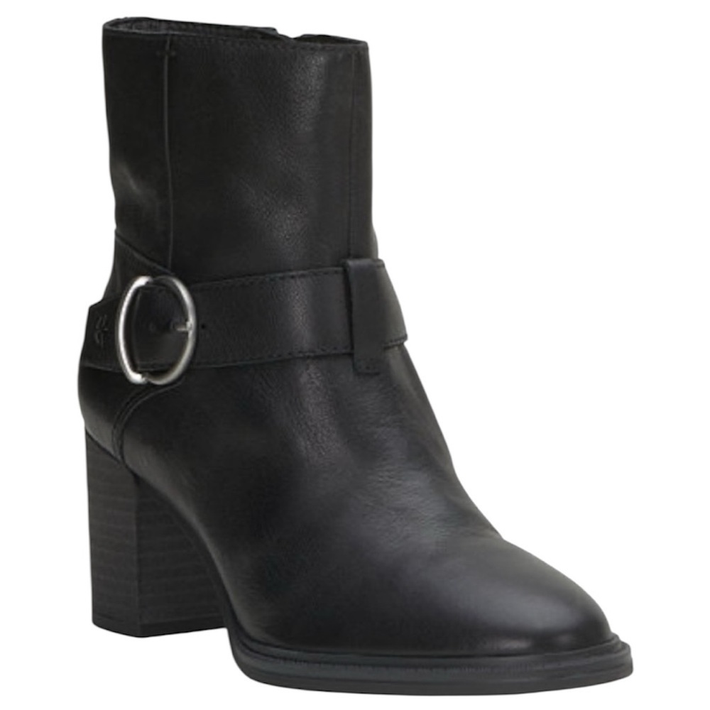 Lucky Brand Achelle Black Leather Buckle Block Heel Booties Size 8.5